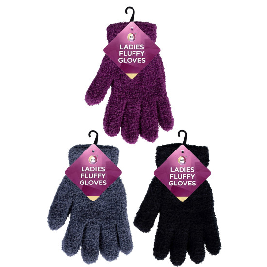 Ladies Fluffy Gloves Assorted Colours - Pack of 12
