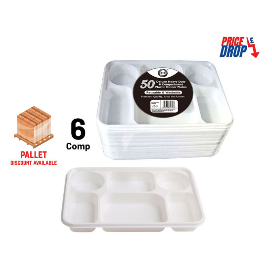 Heavy Duty Plastic 6 Compartment Dinner Plates - Pack of 50