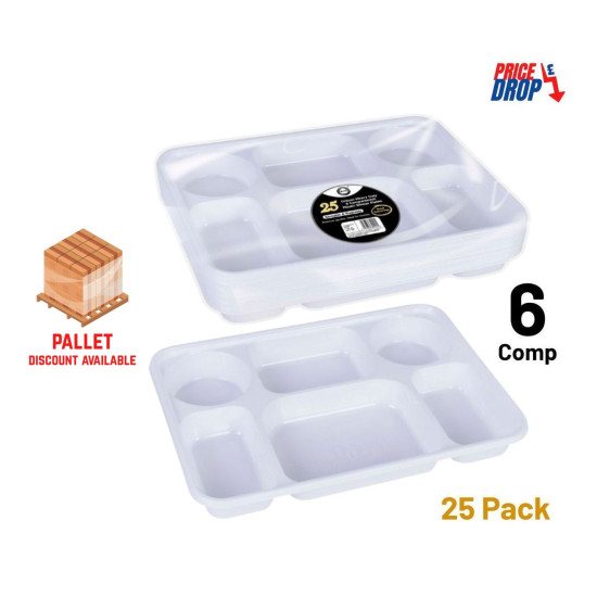 Heavy Duty Plastic 6 Compartment Dinner Plates - Pack of 25