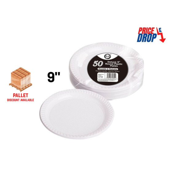 Round Plastic Plates 9'' - Pack of 50