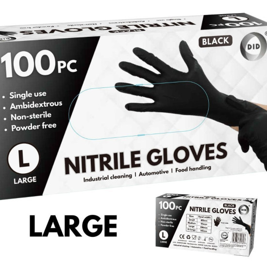 Large Powder Free Black Nitrile Gloves - 100Pcs