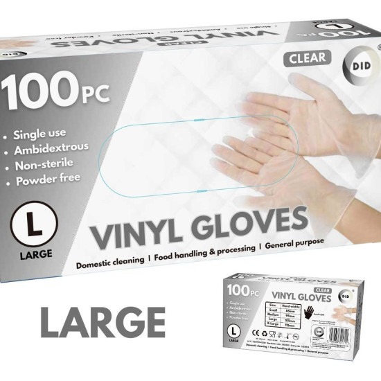 Large Powder Free Clear Vinyl Gloves - 100Pcs