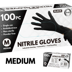 Medium Powder Free Black Nitrile Gloves - 100Pcs