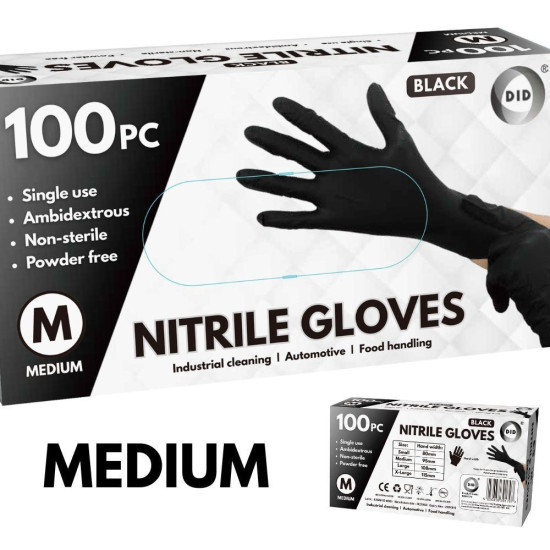 Medium Powder Free Black Nitrile Gloves - 100Pcs