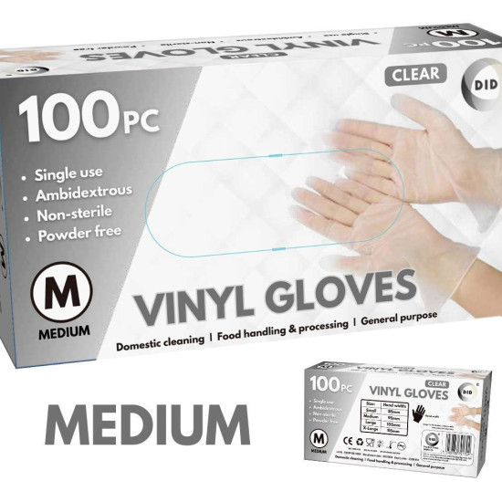 Medium Powder Free Clear Vinyl Gloves - 100Pcs