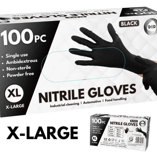 X-Large Powder Free Black Nitrile Gloves - 100Pcs