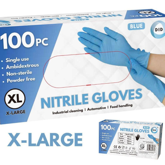 X-Large Powder Free Blue Nitrile Gloves - 100Pcs